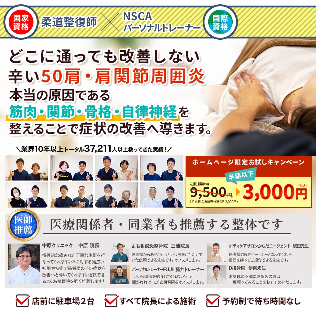 どこに通っても改善しないその辛い50肩・肩関節周囲炎、わずか3ヶ月の改善で頸椎ヘルニアを改善します。
